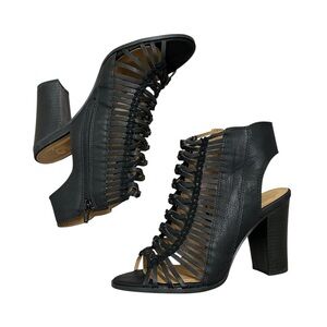 Black braided strappy block heel sandals, Size 9